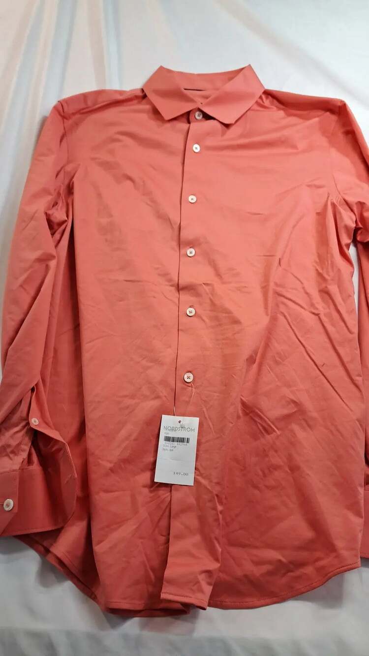 Bugatchi Oooh Cotton Tech Men's Large Coral Long Sleeve Stretch Shirt NWT